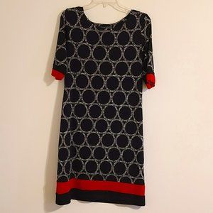 Karin Stevens Dress Ladies Sz 10 Geometric Black White Red Stretch Office Preppy